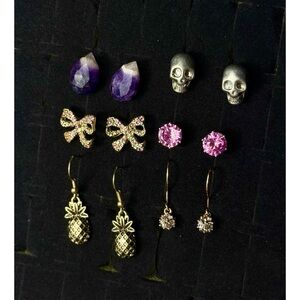 Lot of 6 Pairs Mixed Stud & Dangle Earrings Skull Bow Rhinestone Pineapple Set